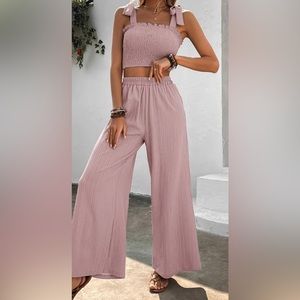 Tie Shoulder Smocked Crop Top and Wide Leg Pants Set
